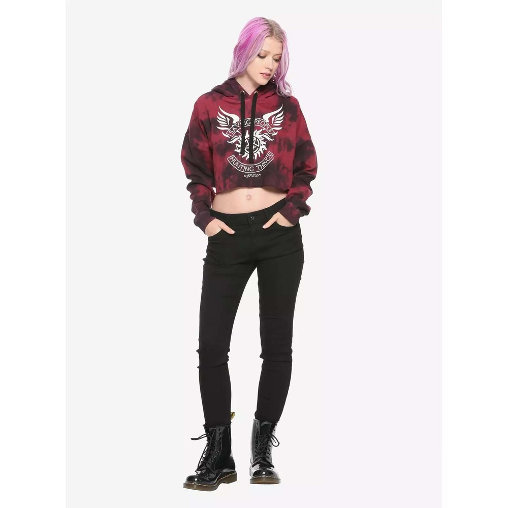 Supernatural Join The Hunt Tie Dye Cropped Hoodie Burgundy Black Large